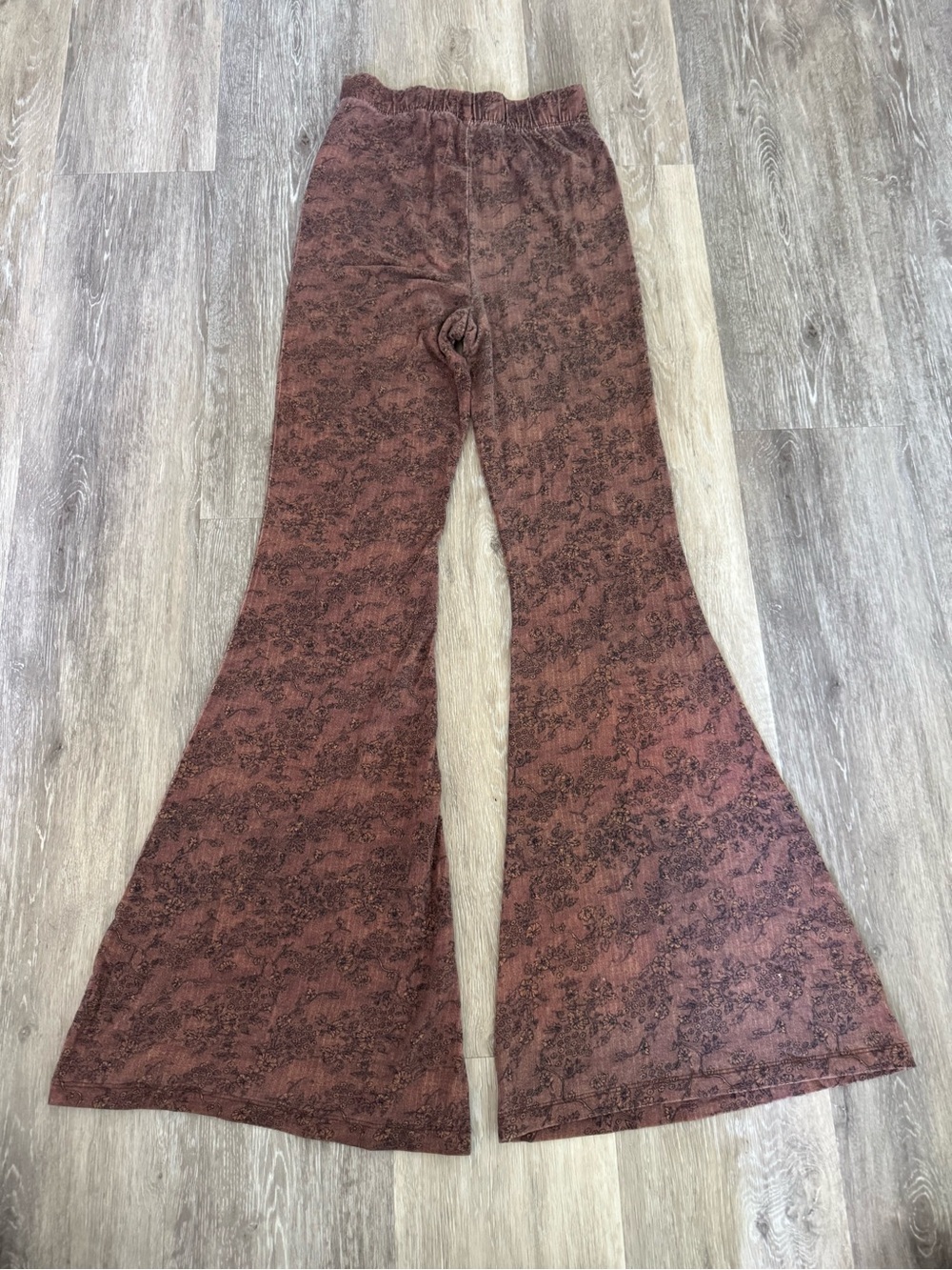 Free People Harper Printed Flare Pull-On dark brown stretch knit fabric pants